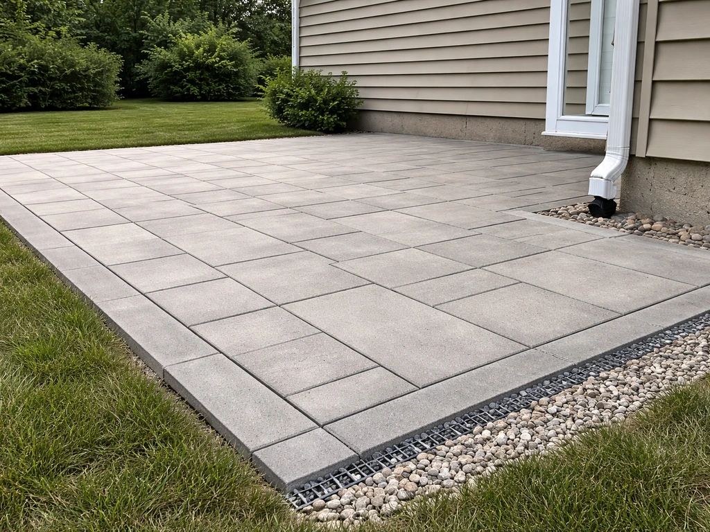 Wide backyard patio with level pavers and visible drainage away from the house for a safe, low-maintenance setup.