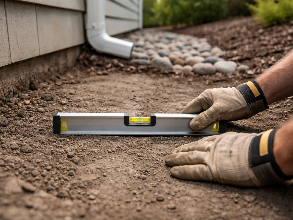Gloved hands using a spirit level on a sloped patio base near a house to check drainage runoff.