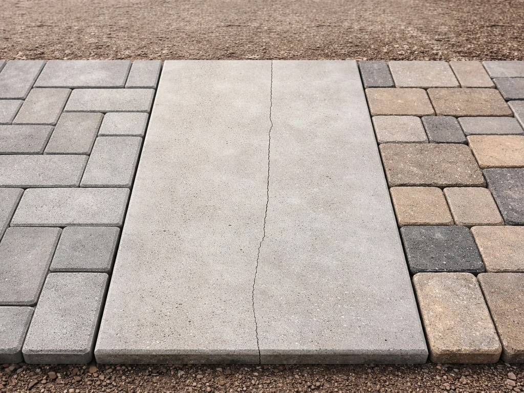 Three small patio surface panels showing concrete pavers, poured concrete, and brick with visible texture and joints.