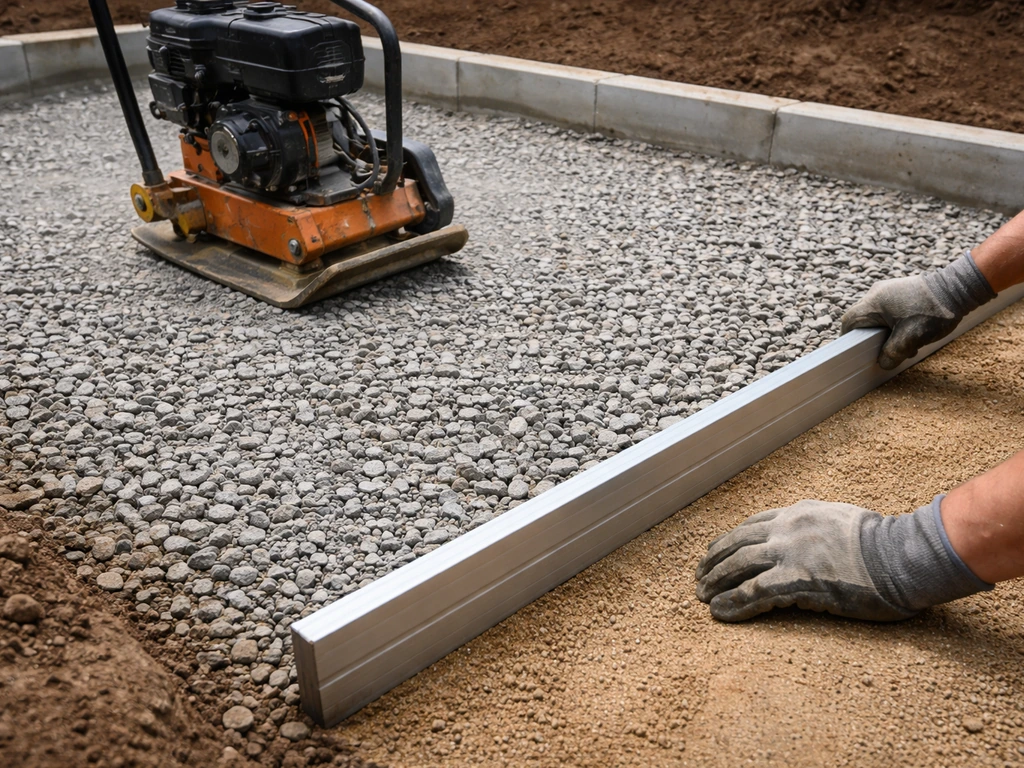 Work crew checking grade on compacted gravel subbase with plate compactor and straight edge