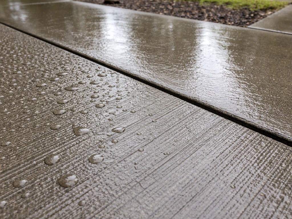Close-up of wet broom-finished concrete showing traction versus a smoother, more reflective concrete surface.