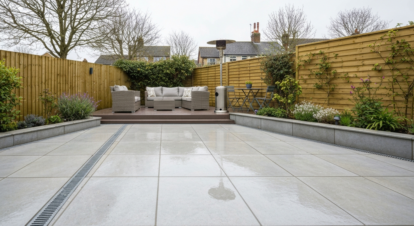 Photo‑realistic UK patio with porcelain paving, composite decking, seating, heater, planting and privacy screen; wet stone and drainage visible.