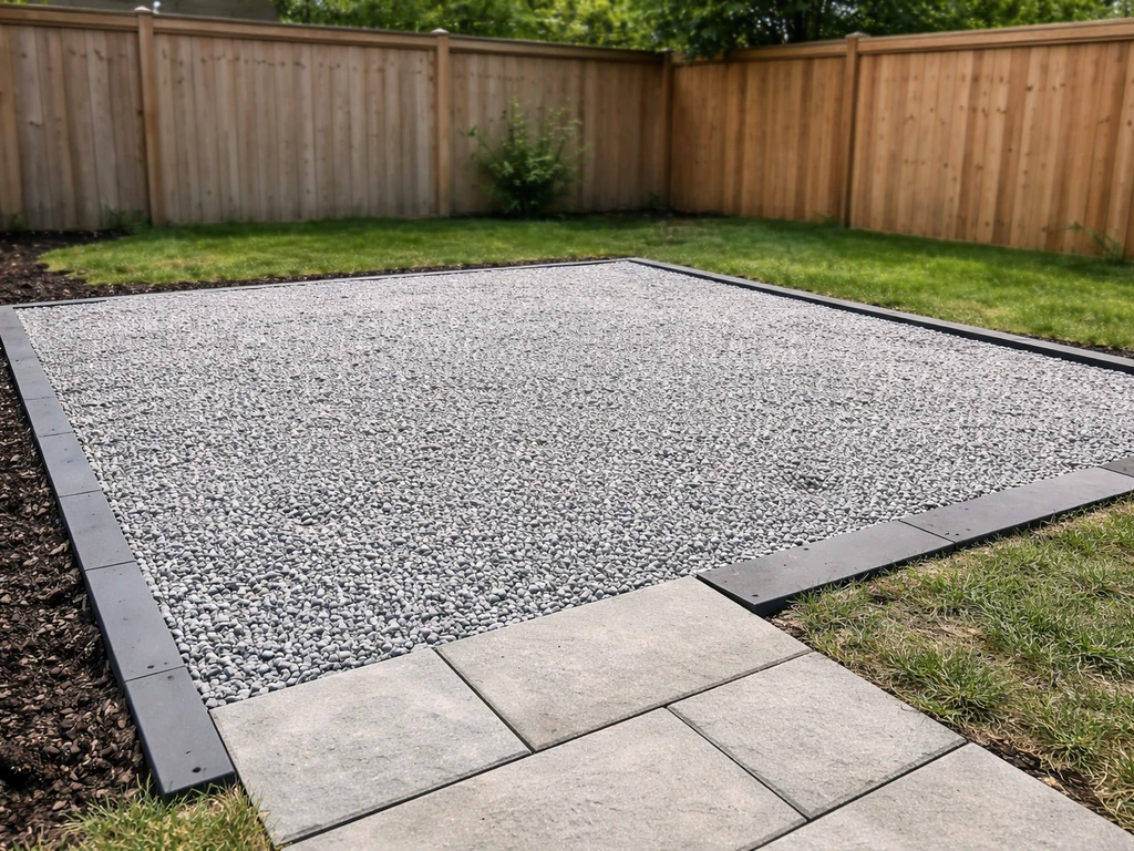 Finished DIY gravel patio with level packed stones and neat edging in a quiet backyard.