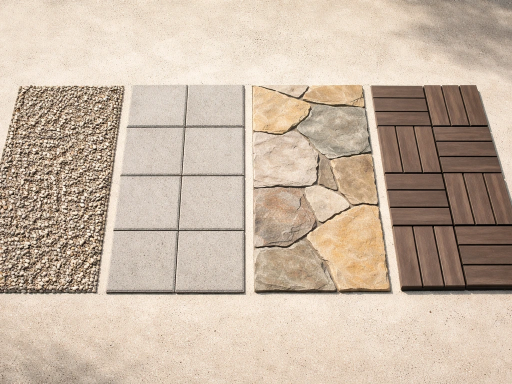 Four minimal patio surface samples laid side by side: gravel, concrete pavers, flagstone, and deck tiles.