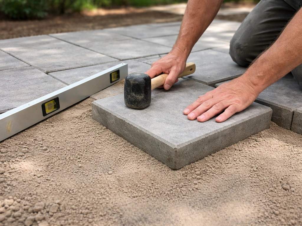 Contractor setting concrete patio pavers into a sand bed with a rubber mallet and level check