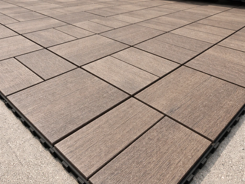 Snap-together interlocking deck tiles aligned on a patio base, showing the click-lock seam pattern.