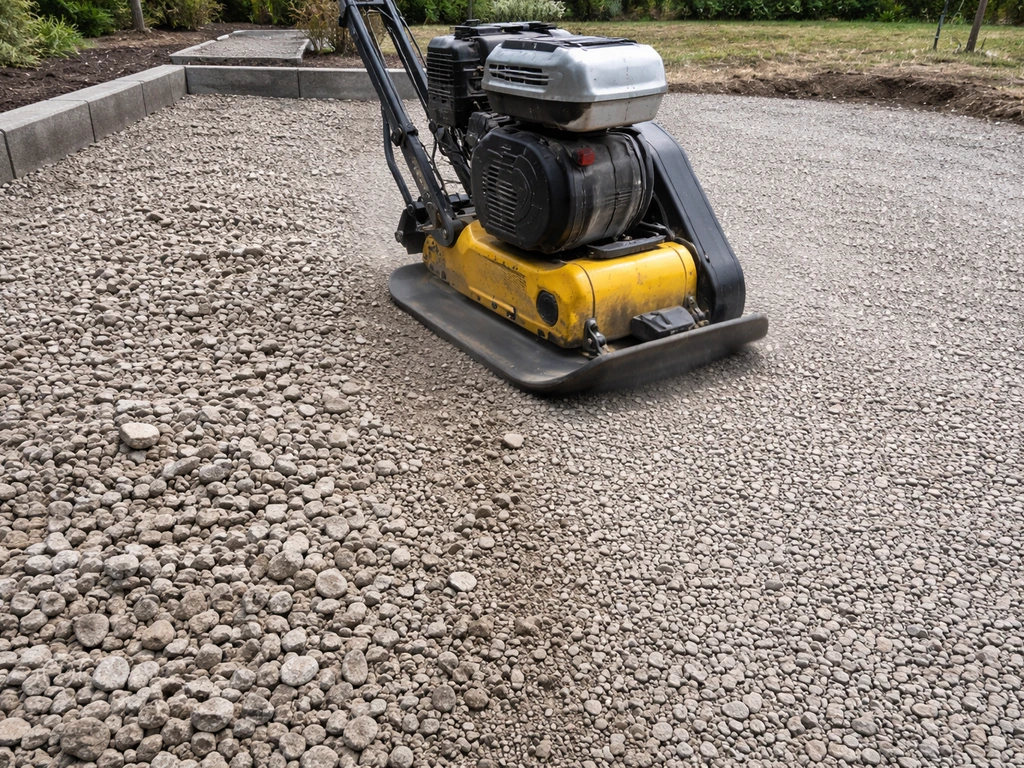 Plate compactor pressing down on a compacted gravel base for a patio, showing stable ground