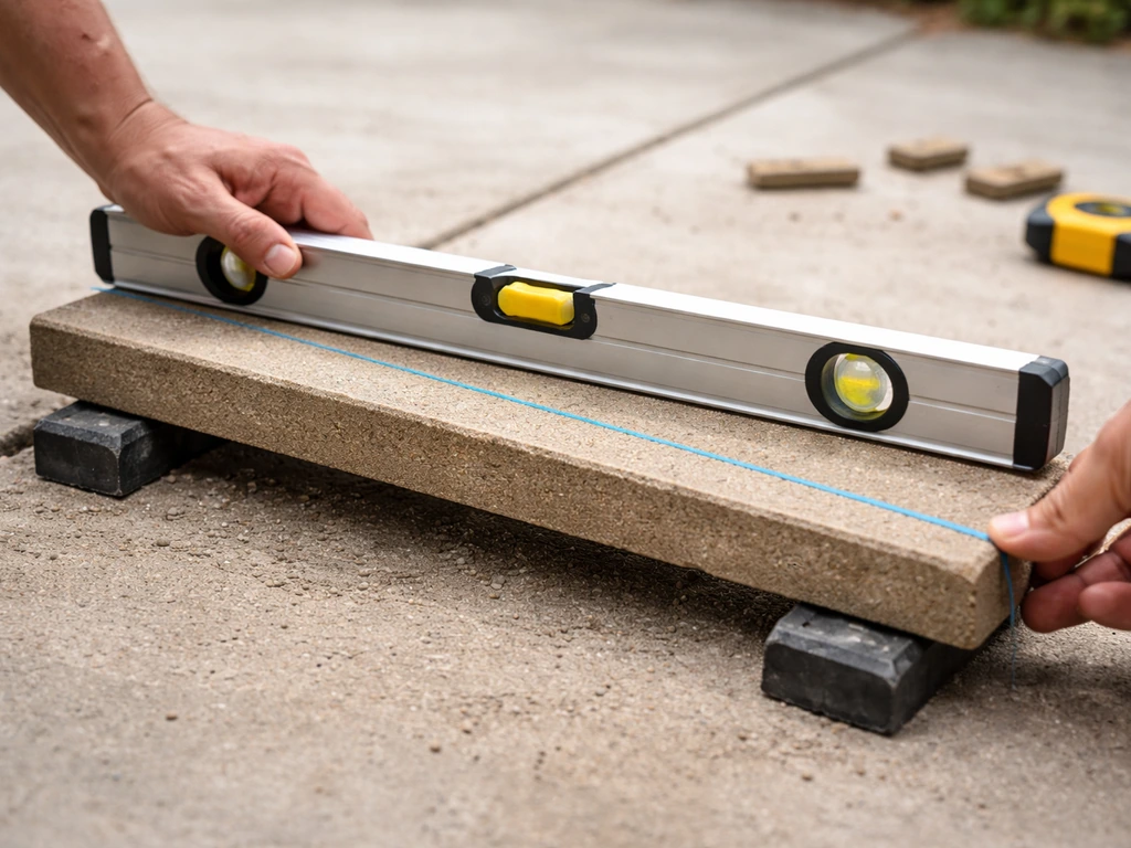 Close-up of a small patio paver strip on blocks showing a slight slope and measurement with a level
