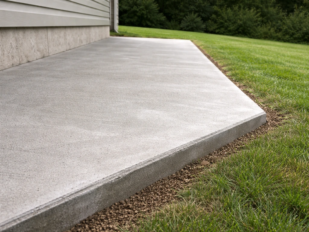 Side view of a concrete patio edge showing a slope dropping away from a house toward a yard