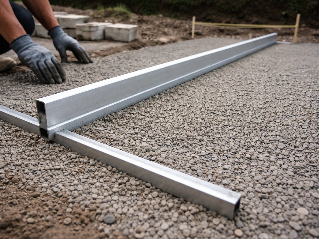 Contractor checks slope on compacted gravel subgrade with screed rails before installing pavers.