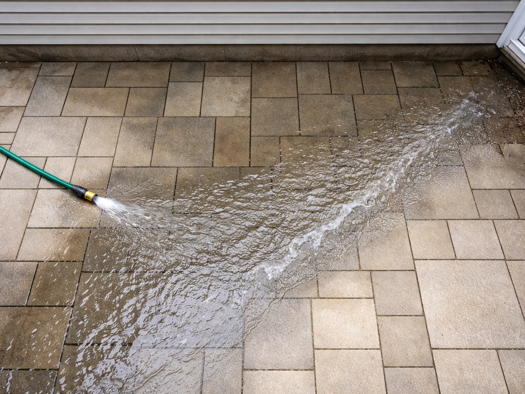 Overhead view of water flowing from a garden hose down the patio slope, with no pooling near the house.