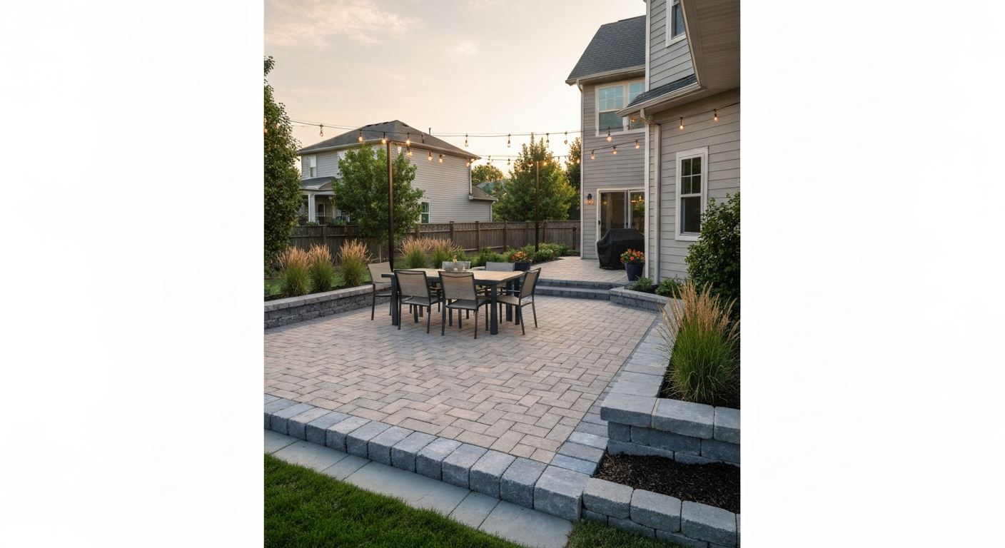 Wide photorealistic backyard patio at golden hour showing herringbone concrete pavers edged with bluestone, outdoor dining set, planters and string lights; highlights material texture and scale.
