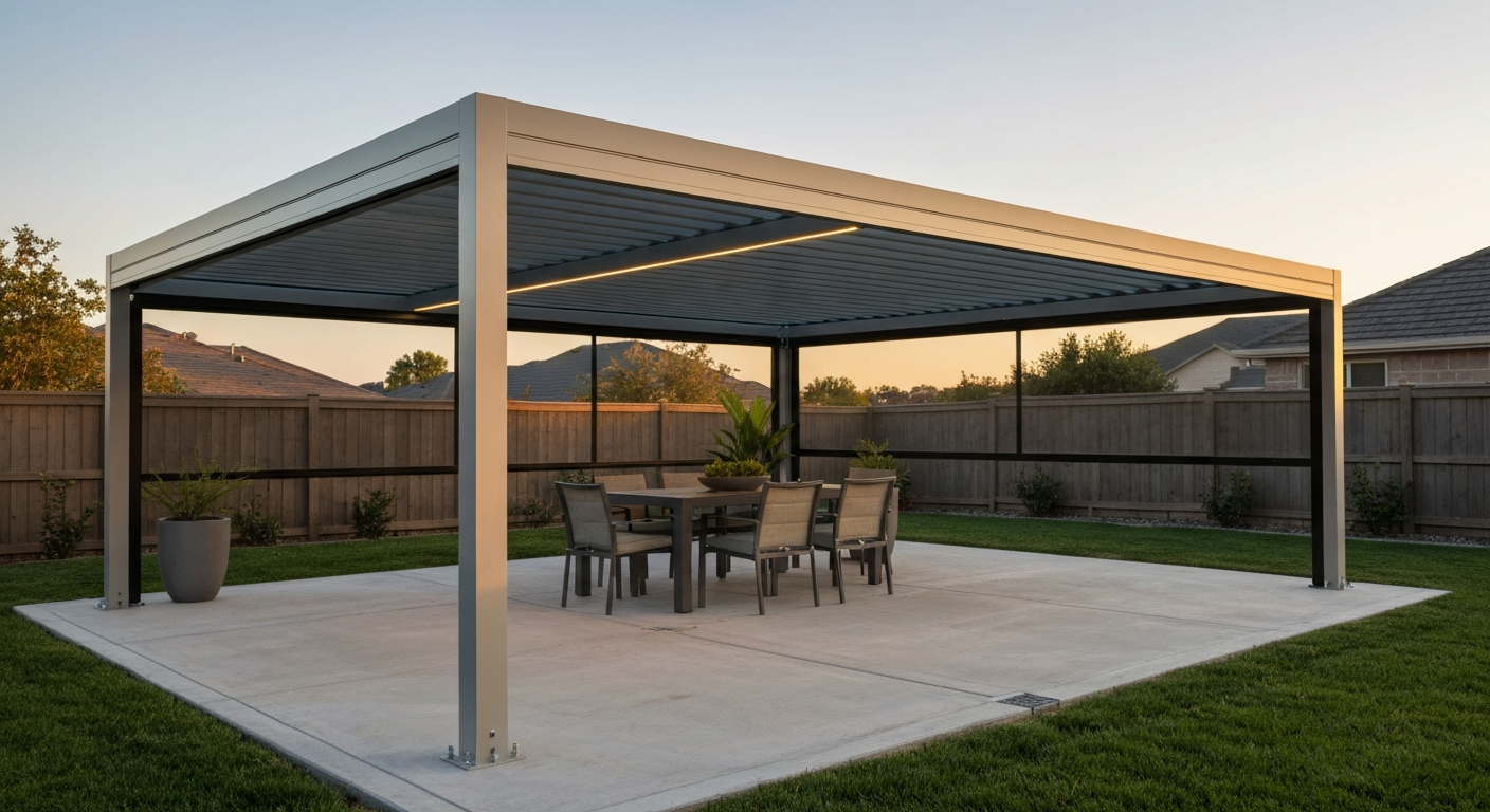 Installed Mirador-style aluminum louvered pergola (10'x13') with partially closed motorized louvers, integrated LED lighting, anchored posts, and patio furniture beneath at golden hour.