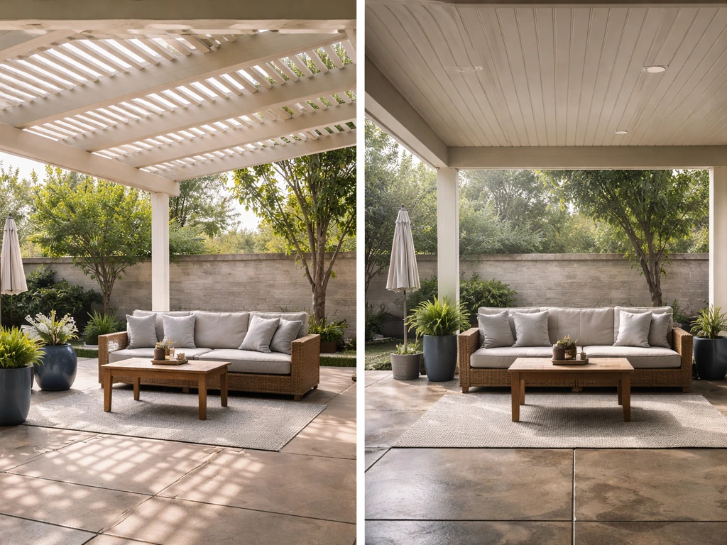 Backyard patio showing both partial-shade pergola and fully sheltered roof overhang for comfort.