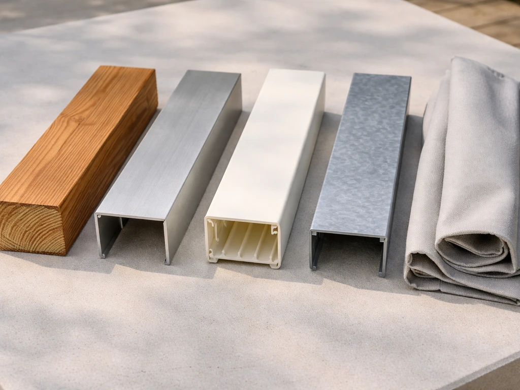 Patio cover material samples—wood, aluminum, vinyl, steel, and fabric—laid side by side showing textures