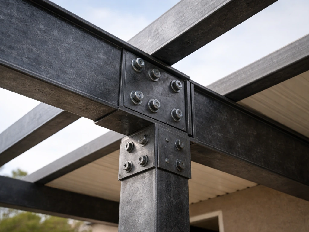 Close-up of heavy-gauge steel patio cover beams and fasteners with natural outdoor light