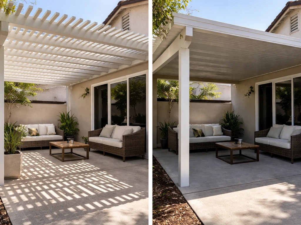 Backyard patio comparison: open pergola with dappled shade vs solid flat roof with uniform shade.