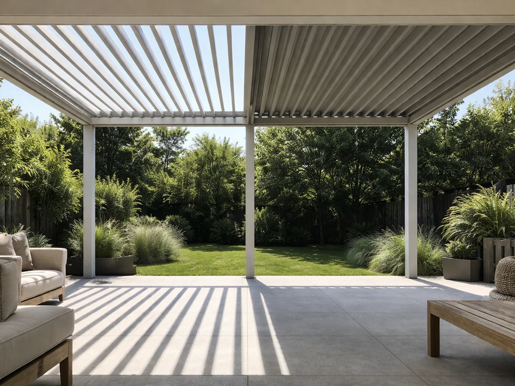 Motorized louver pergola with slats open on one side and closed on the other over a patio.