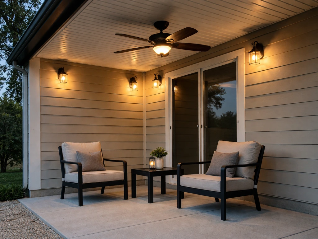 Outdoor ceiling fan and warm patio lights under a patio cover with simple furniture below.