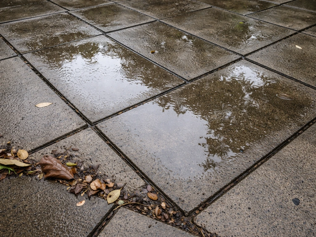 Wet patio pavers with shallow puddles lingering after rain, indicating drainage issues.