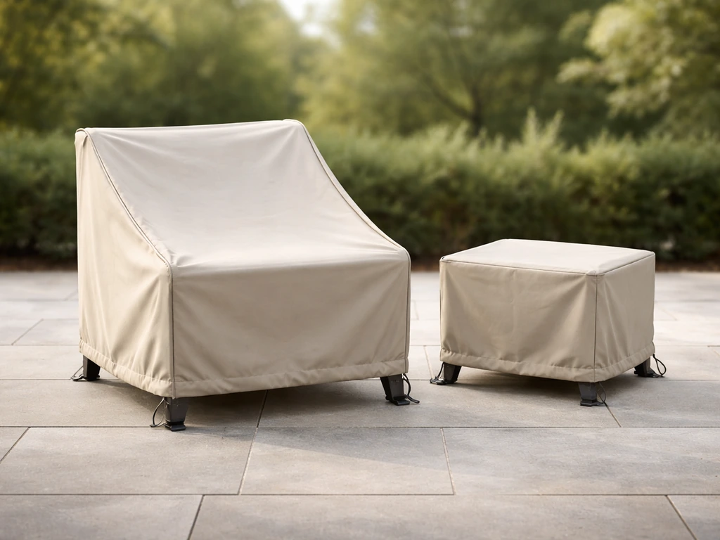 Fitted outdoor furniture covers with drawcord hems and leg straps secured on a patio chair and small table.