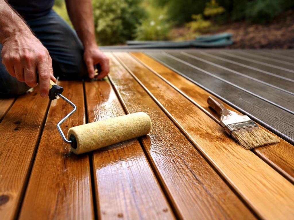 Hands apply a protective roller coating to natural wood and composite decking boards.