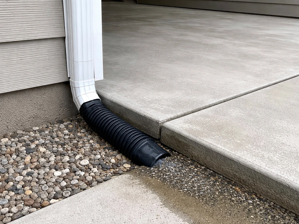 Home patio with a gutter downspout extension directing rainwater away from the concrete surface