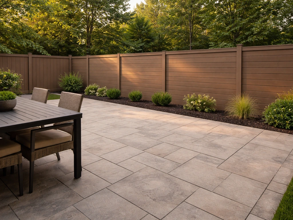 A cohesive backyard view featuring a matching patio and fence with warm natural light and simple landscaping.