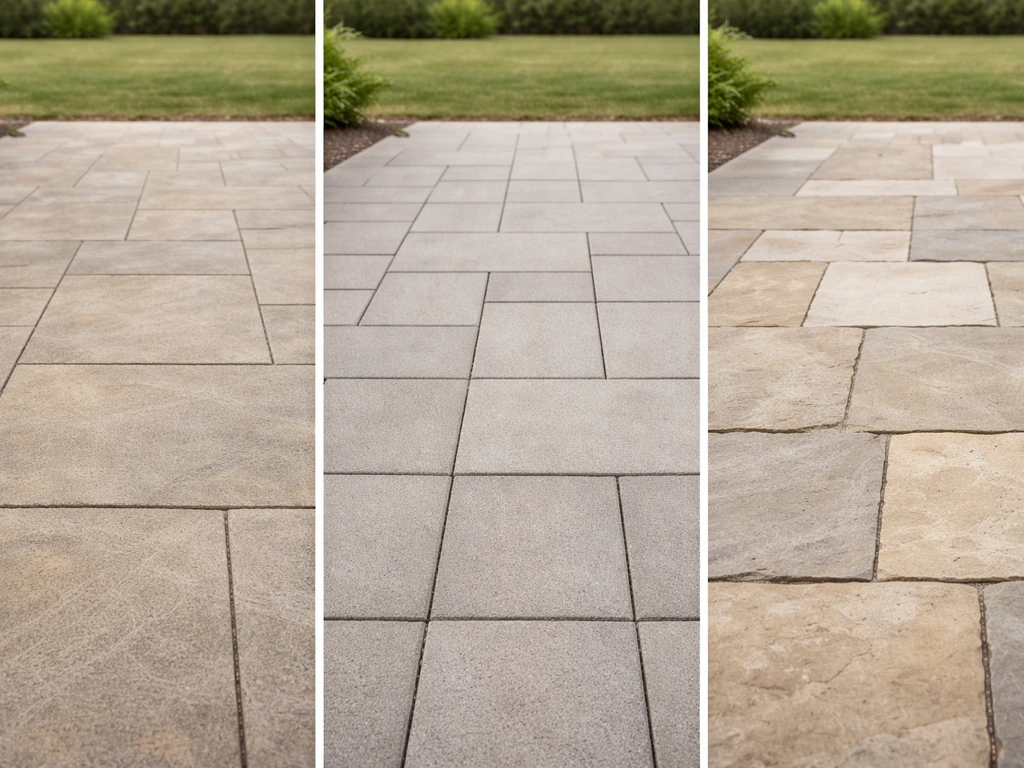 Side-by-side patio surfaces showing stamped concrete, pavers, and natural stone textures.