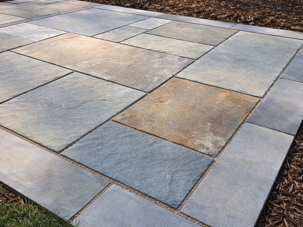 Close-up of a leveled natural stone patio with flagstone/bluestone seams and neat edges