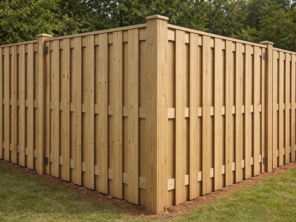 Close view of a board-on-board privacy wood fence with clean overlap and aligned corner posts.