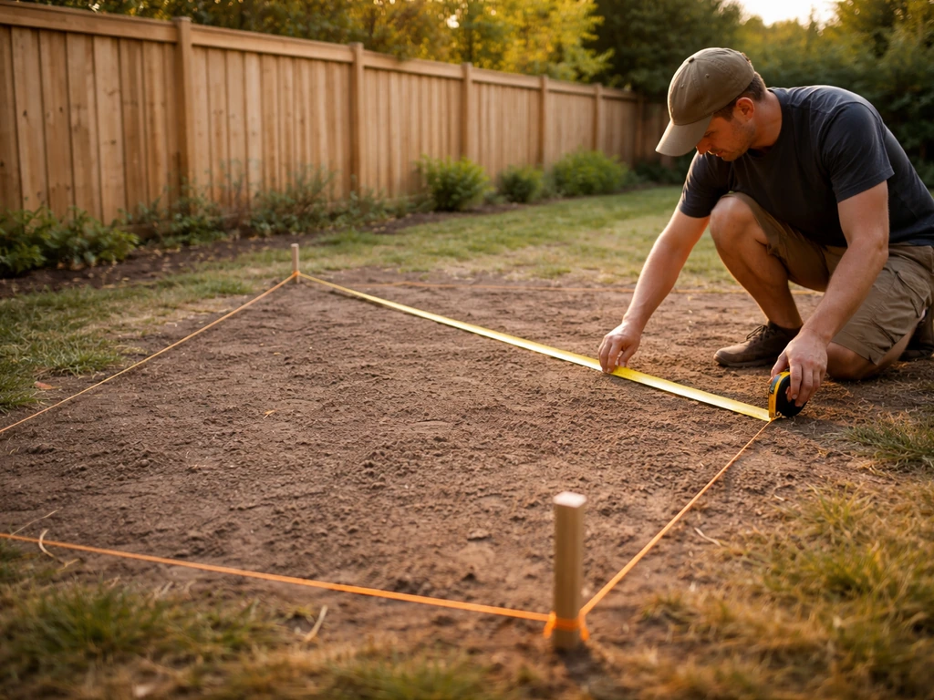 Person measuring patio and fence layout on the ground with a tape measure and string line.