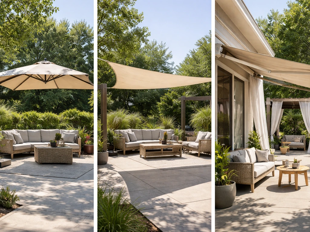 Sunlit patio showing umbrella, shade sail, retractable awning, curtains, and pergola/cabana-style shade
