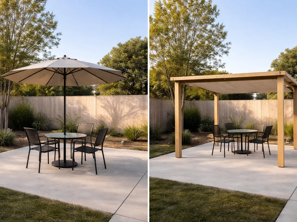 Side-by-side view of a patio market umbrella and a small fixed shade canopy in a quiet yard.