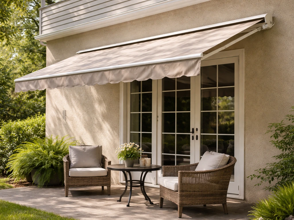 Wall-mounted retractable awning extended over a small patio, casting shade.