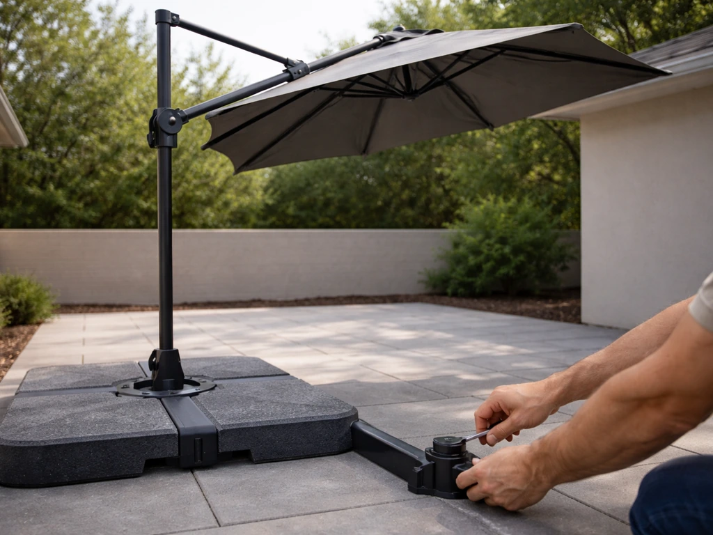 Large patio umbrella being installed outdoors with weighted base and adjustable tilt mechanism