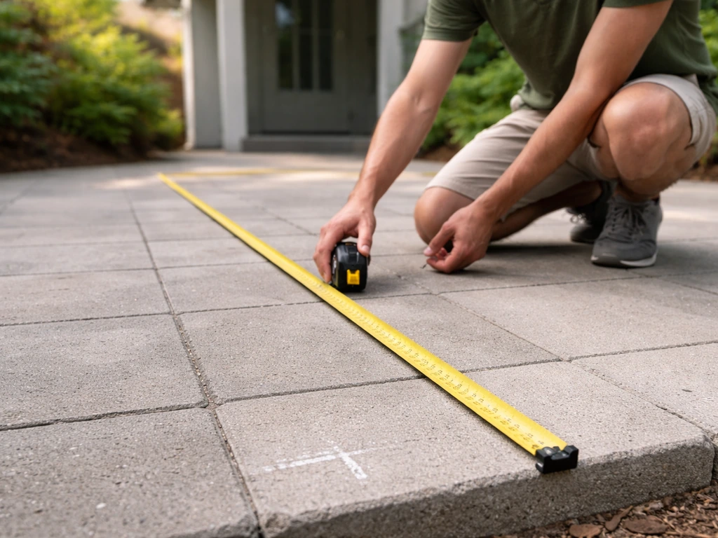 Homeowner kneeling on a patio measuring length and width with a tape measure near a patio door.