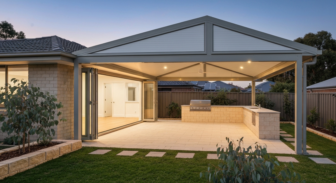 Modern Perth backyard patio with insulated roof, pavers and outdoor kitchen at dusk.