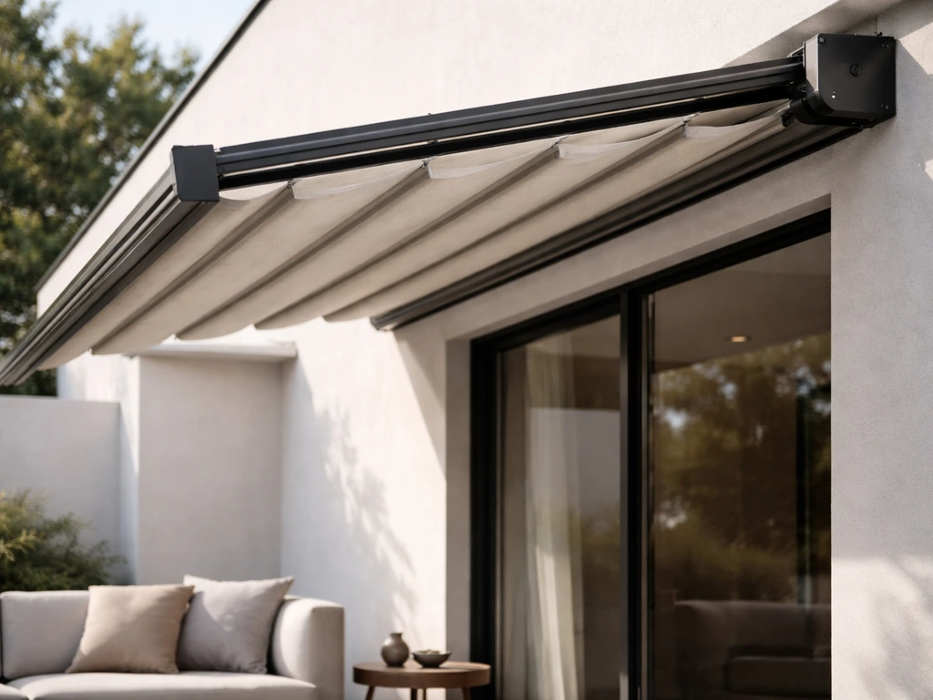 Retractable pergola with partially extended fabric canopy over a small patio for adjustable shade.