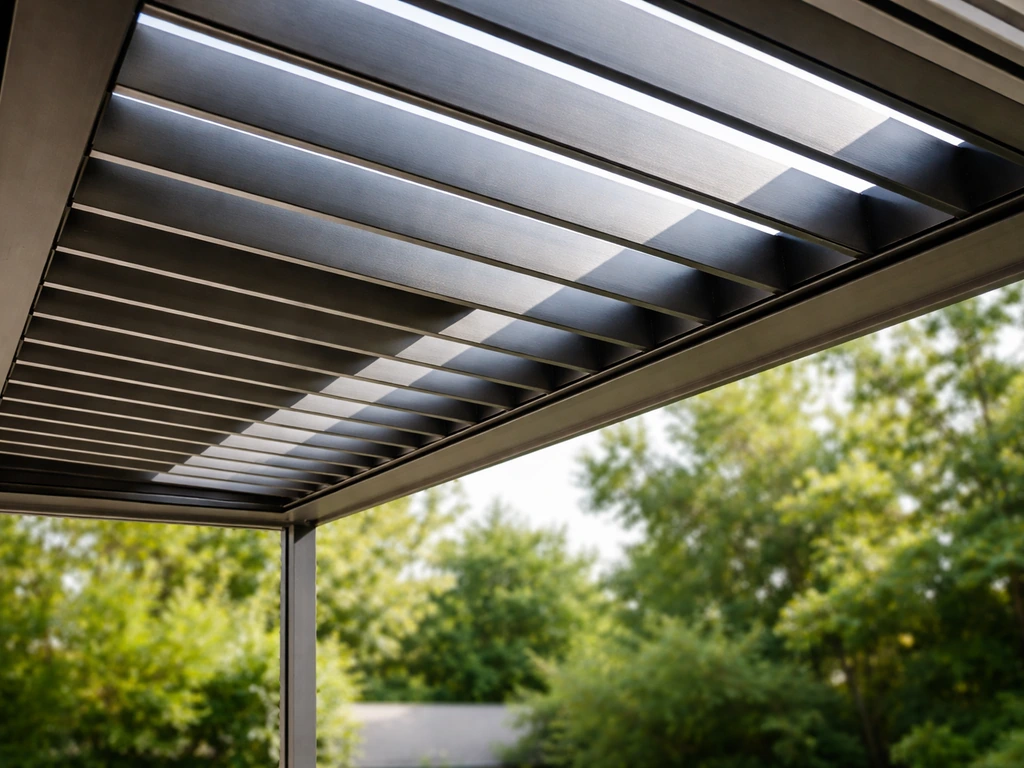 Louvered pergola roof with tilted slats showing rain/sun blocking and ventilation.