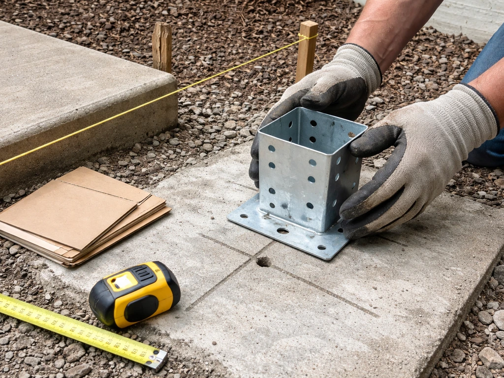 Gloved hands planning a pergola post footing with an anchor bracket and layout tools on a concrete slab.