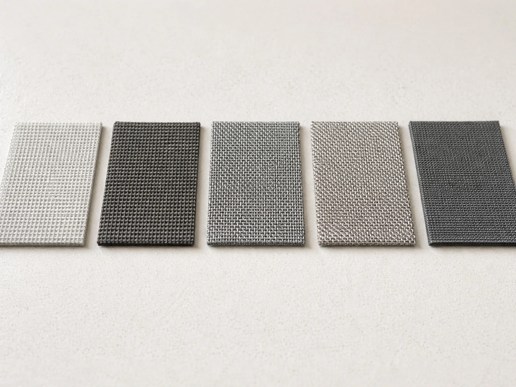 Five patio screen material swatches laid side-by-side showing different mesh textures and finishes.