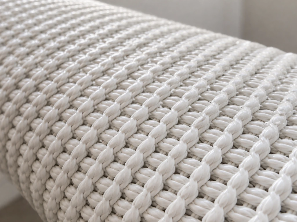 Close-up of ribbed vinyl-coated fiberglass mesh weave with glossy coated yarns in natural light.