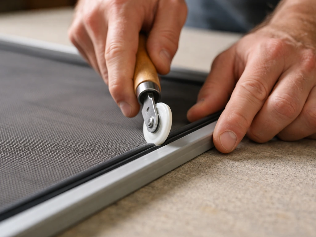 Installer hands roll rubber spline into a screen frame channel for a tight, even fit.