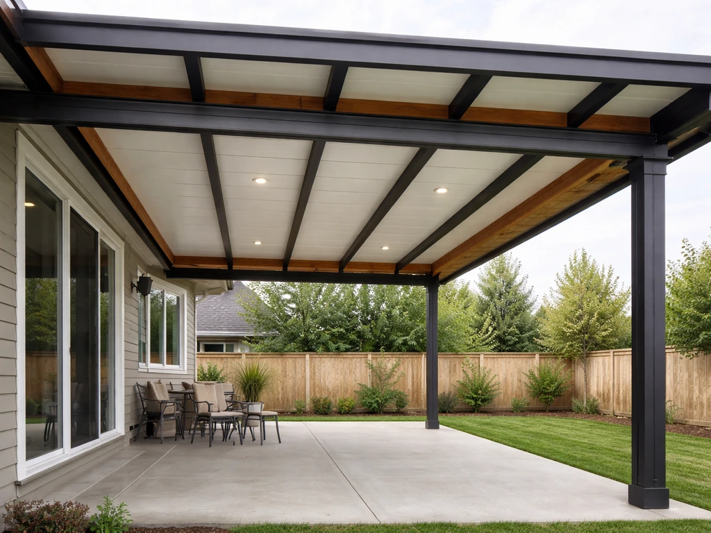 Completed residential patio cover with visible beams and materials in a bright backyard setting.