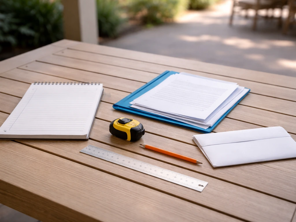 Close-up of a homeowner table with patio cover checklist items and tools