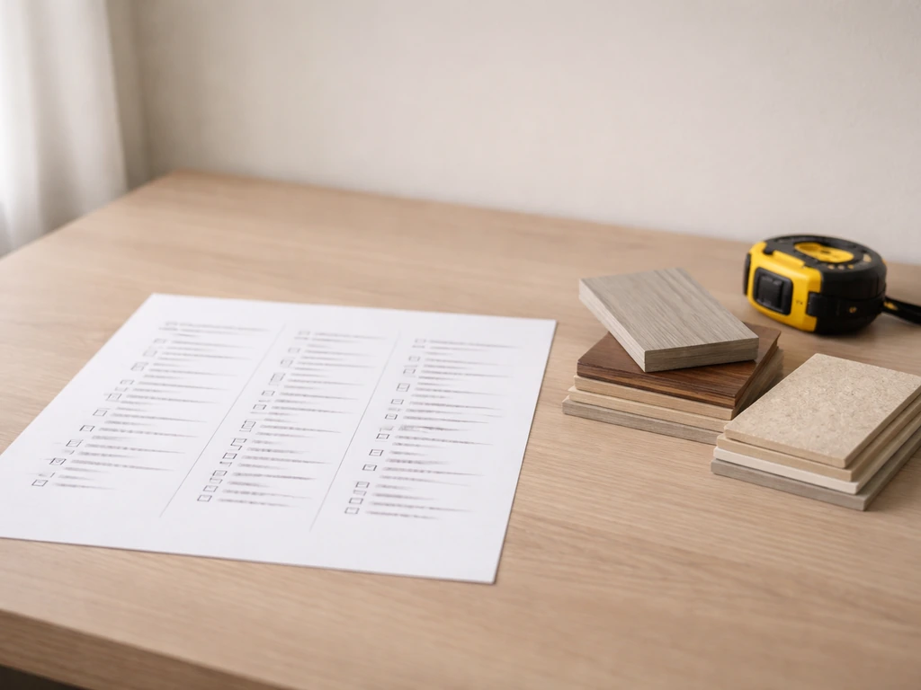 Close-up of a contractor bid comparison checklist on a clean desk with materials sample swatches nearby.