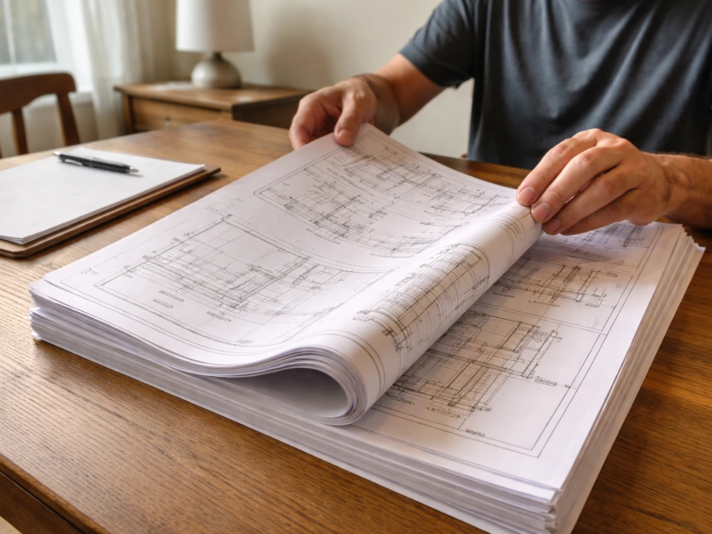 Hands review a stamped permit plan set on a wooden table with structural/elevation pages visible.
