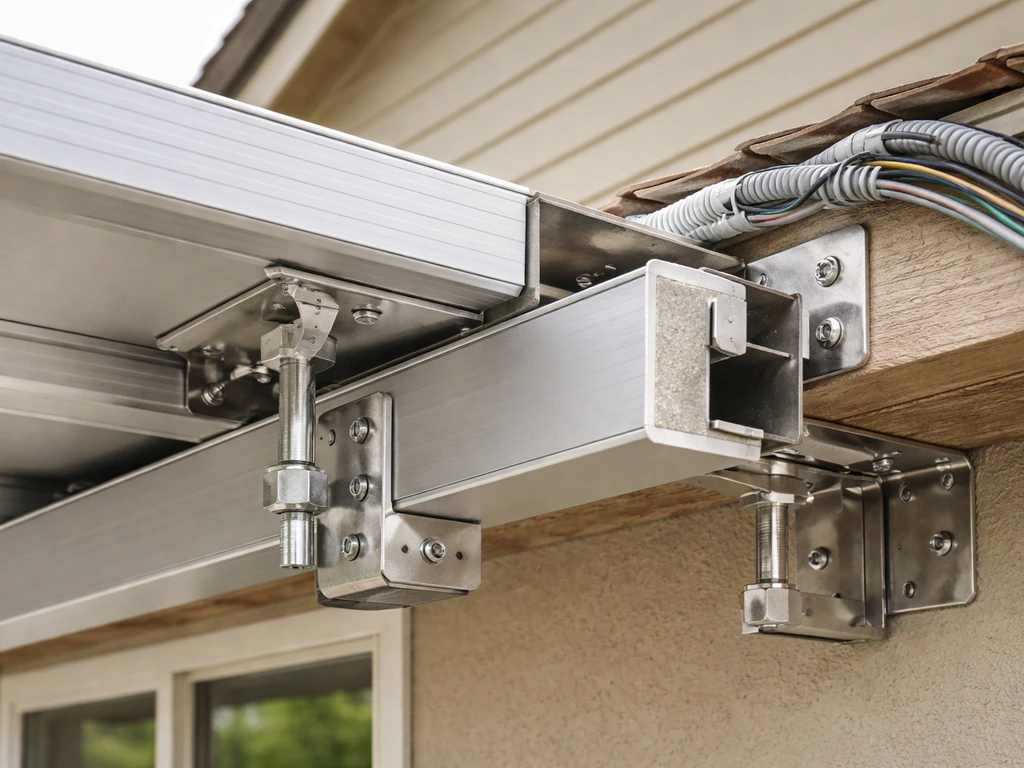 Close-up of patio cover mounting brackets, support rails, insulation edge, drainage detail, and electrical conduit.