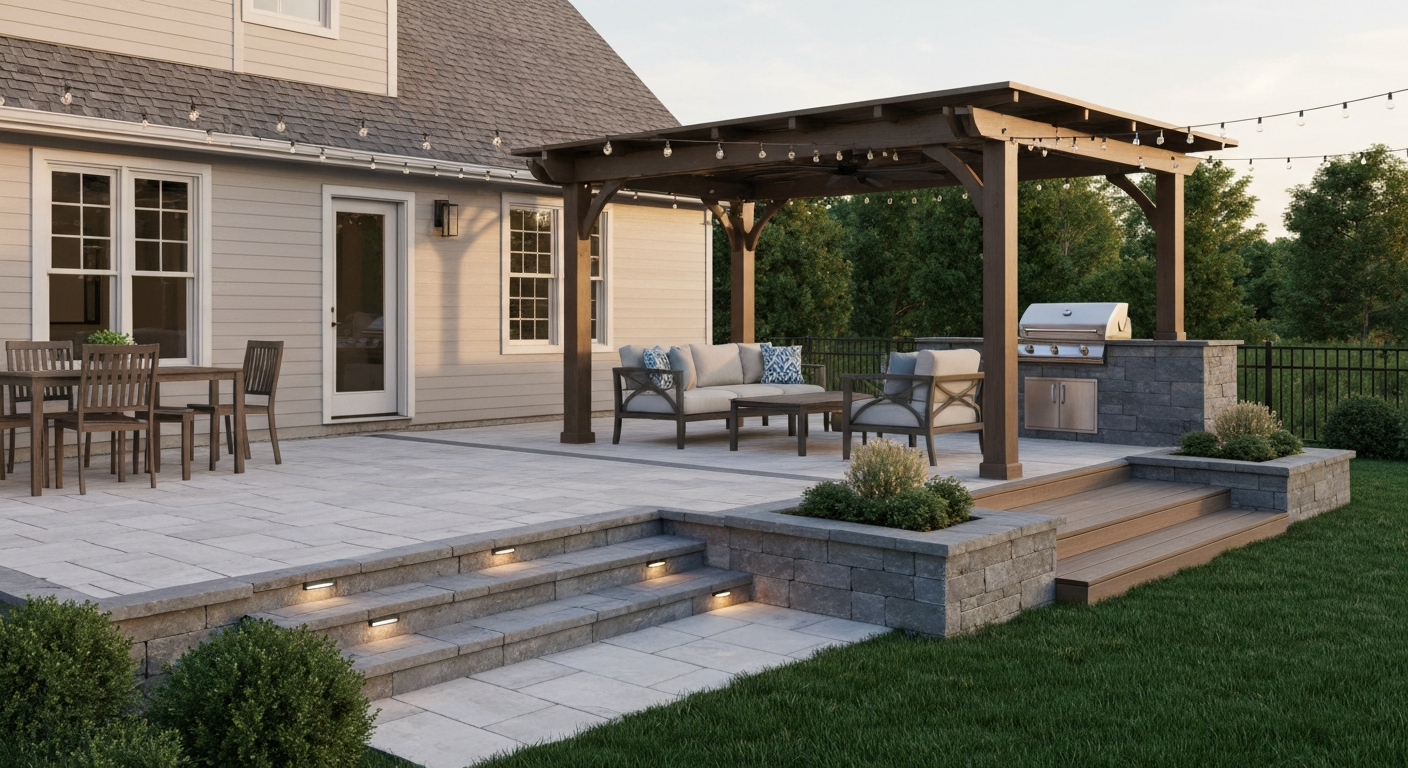 Photorealistic backyard patio at golden hour showing durable porcelain pavers, composite decking steps, pergola with insulated roof, dining and lounge zones, and an outdoor kitchen — a model of a long-lasting, well-zoned patio.